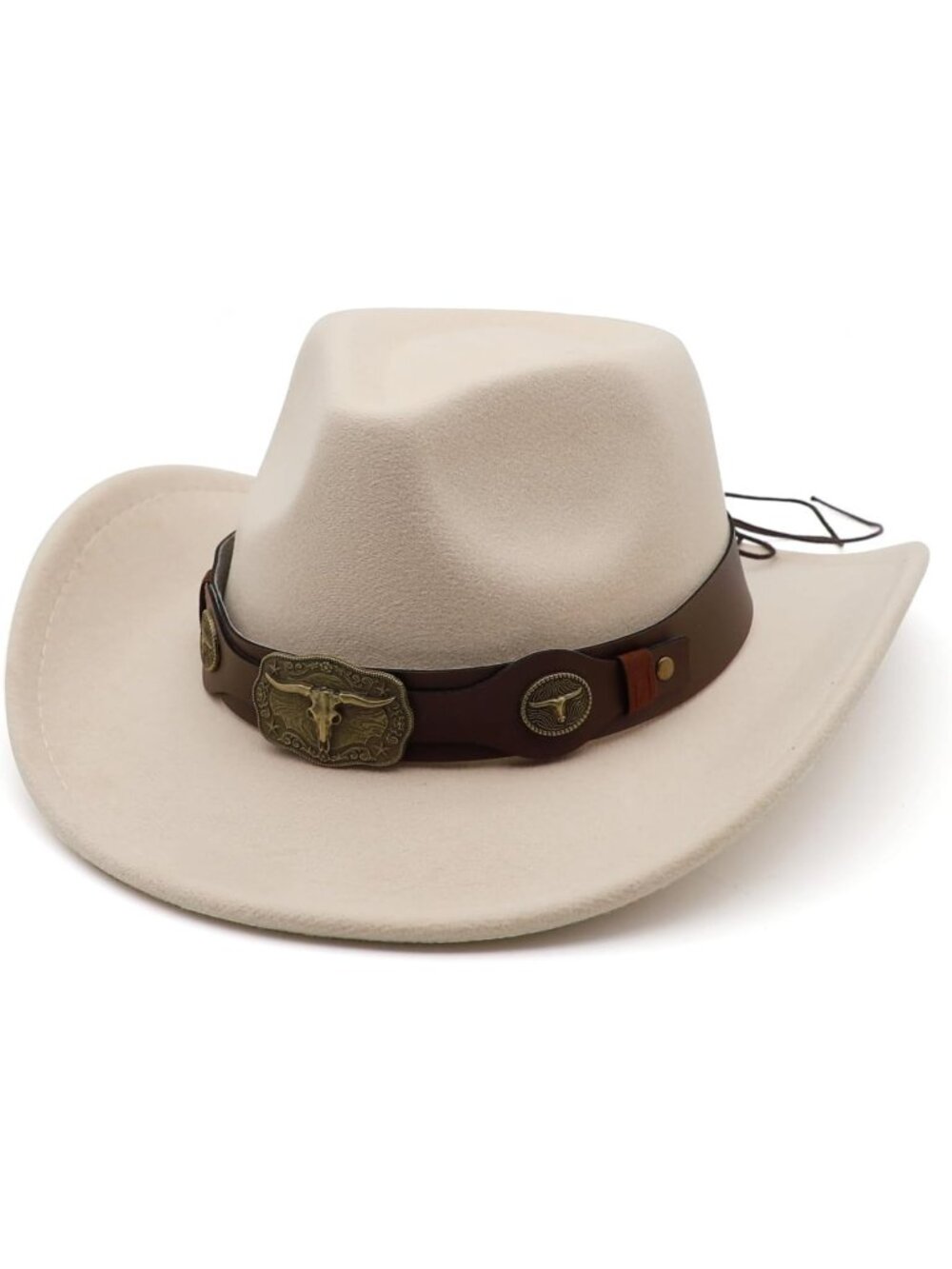 Unisex Beige Brown Wide Brim Felt Buckle Fedora Country Western Cowboy Hat